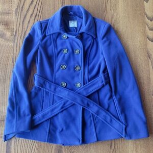 Old Navy Women’s Blue Fleece Peacoat Jacket Medium Double Breasted Belted